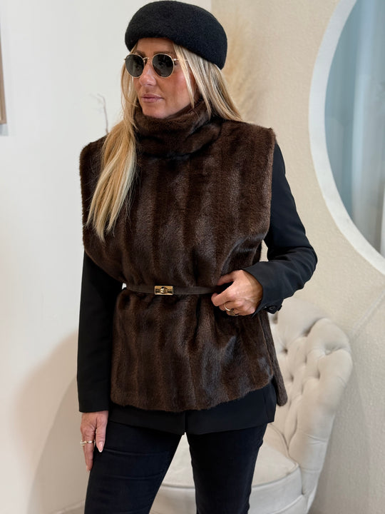 Gilet sans manche fourure 25030 Marron Raye