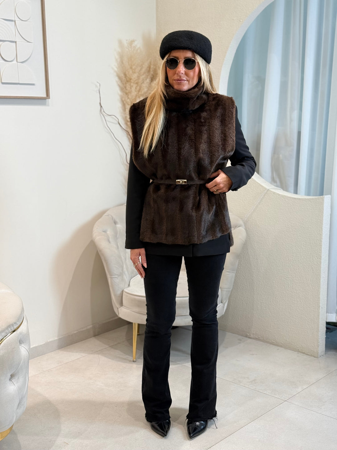 Gilet sans manche fourure 25030 Marron Raye