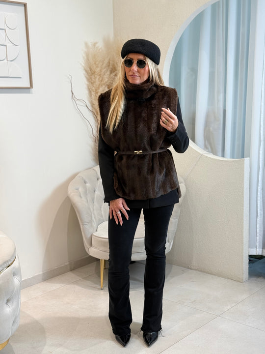 Gilet sans manche fourure 25030 Marron Raye
