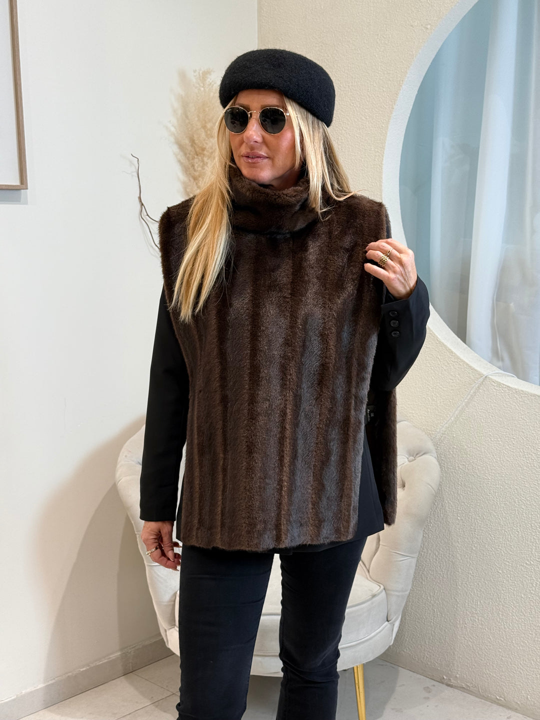 Gilet sans manche fourure 25030 Marron Raye