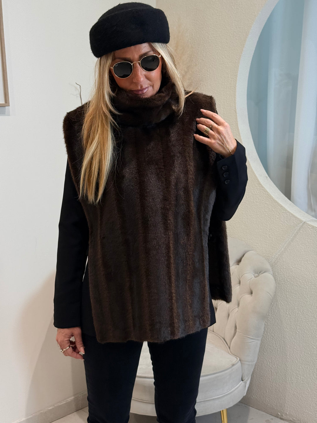 Gilet sans manche fourure 25030 Marron Raye