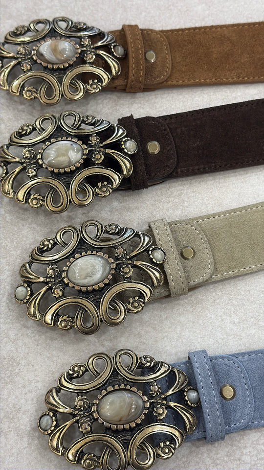 Ceinture cuir boucle fleuri