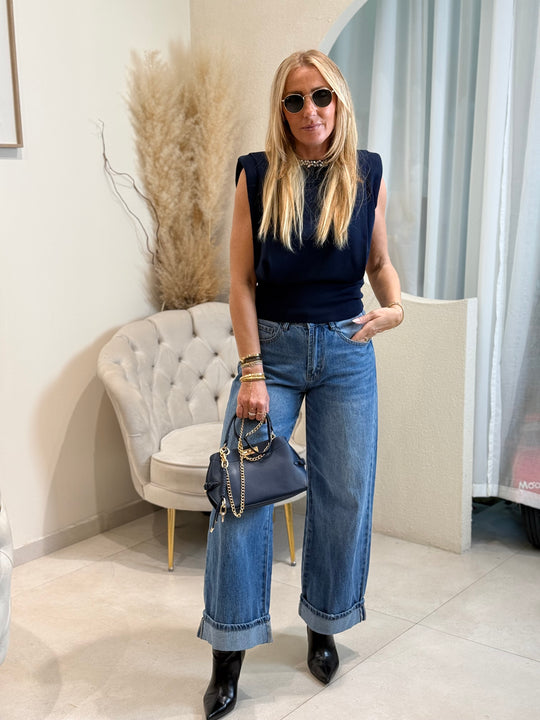 Pull maille épaulette aux strass 6878 Bleu marine