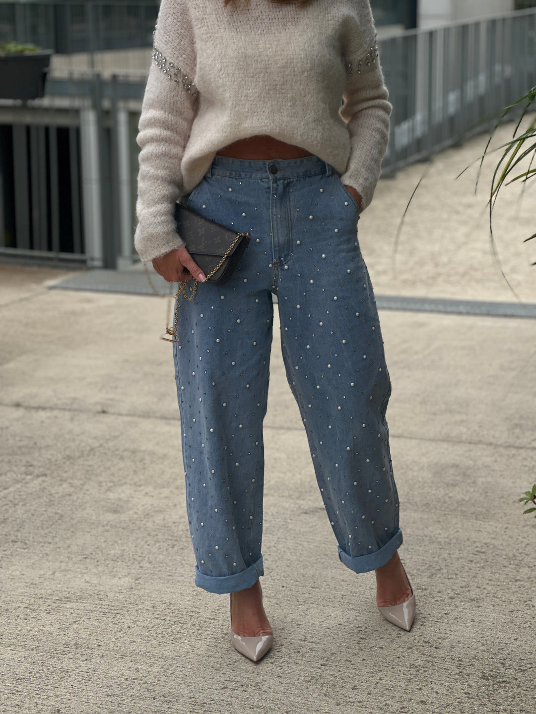 jean bleu perles ballon