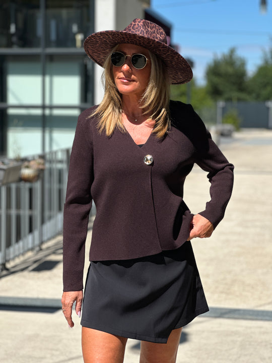 Gilet choco col v bouton or 0007