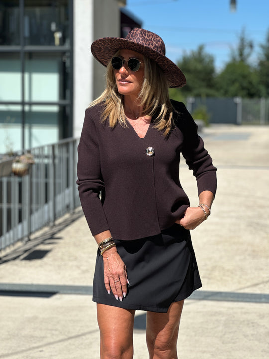 Gilet choco col v bouton or 0007