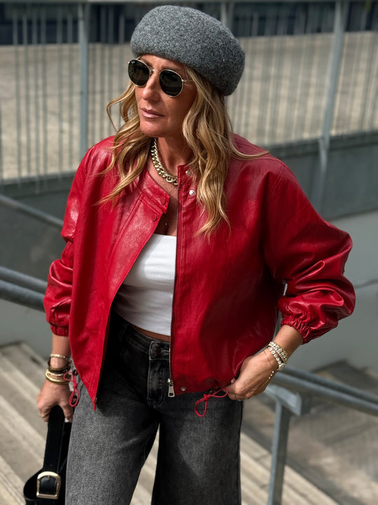 Veste bomber similicuir rouge 7121