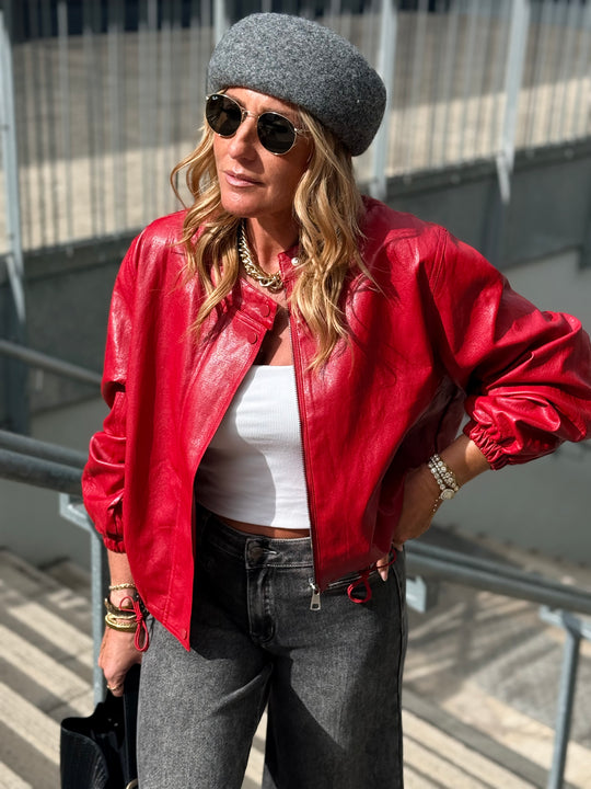 Veste bomber similicuir rouge 7121