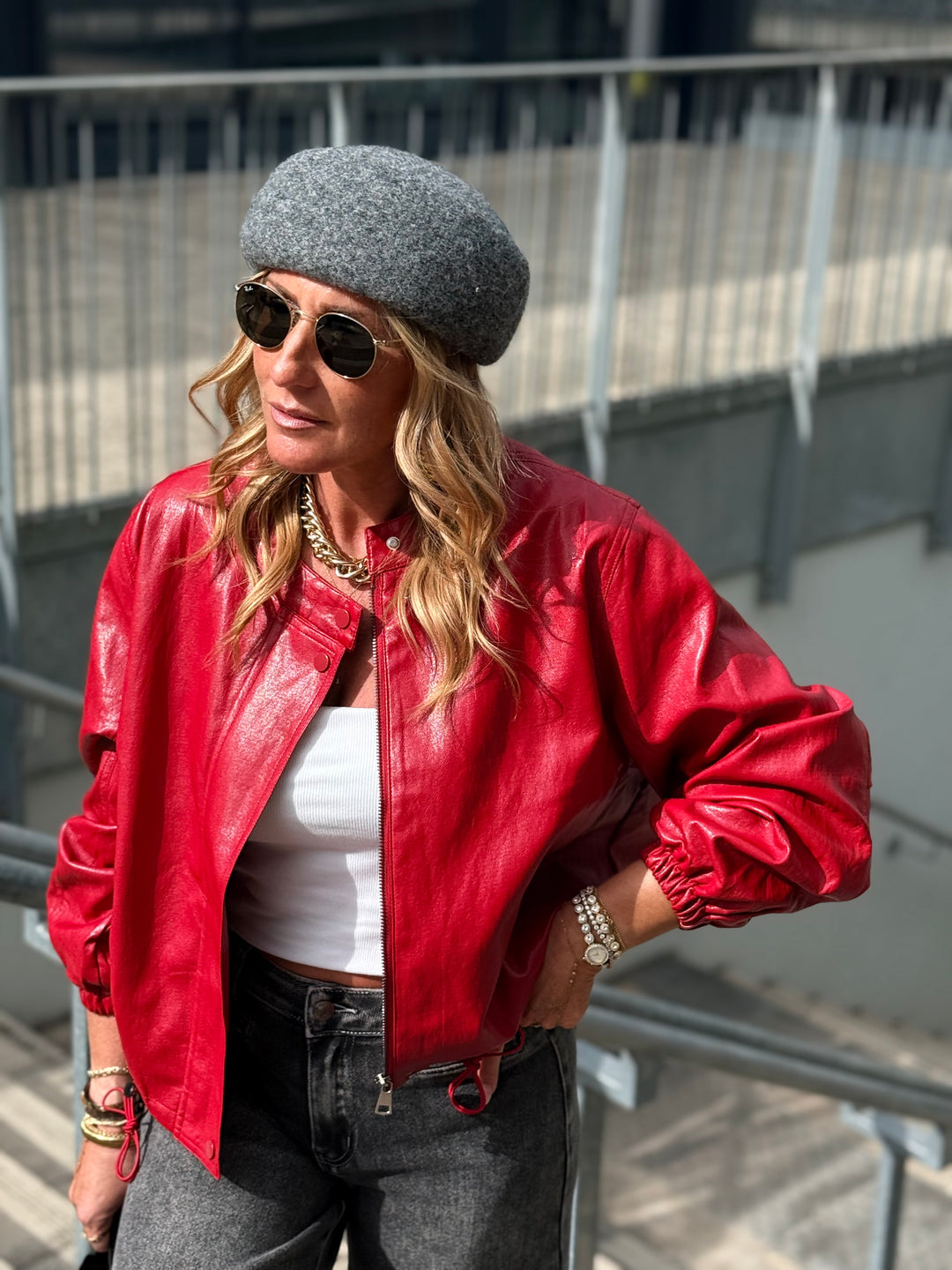 Veste bomber similicuir rouge 7121