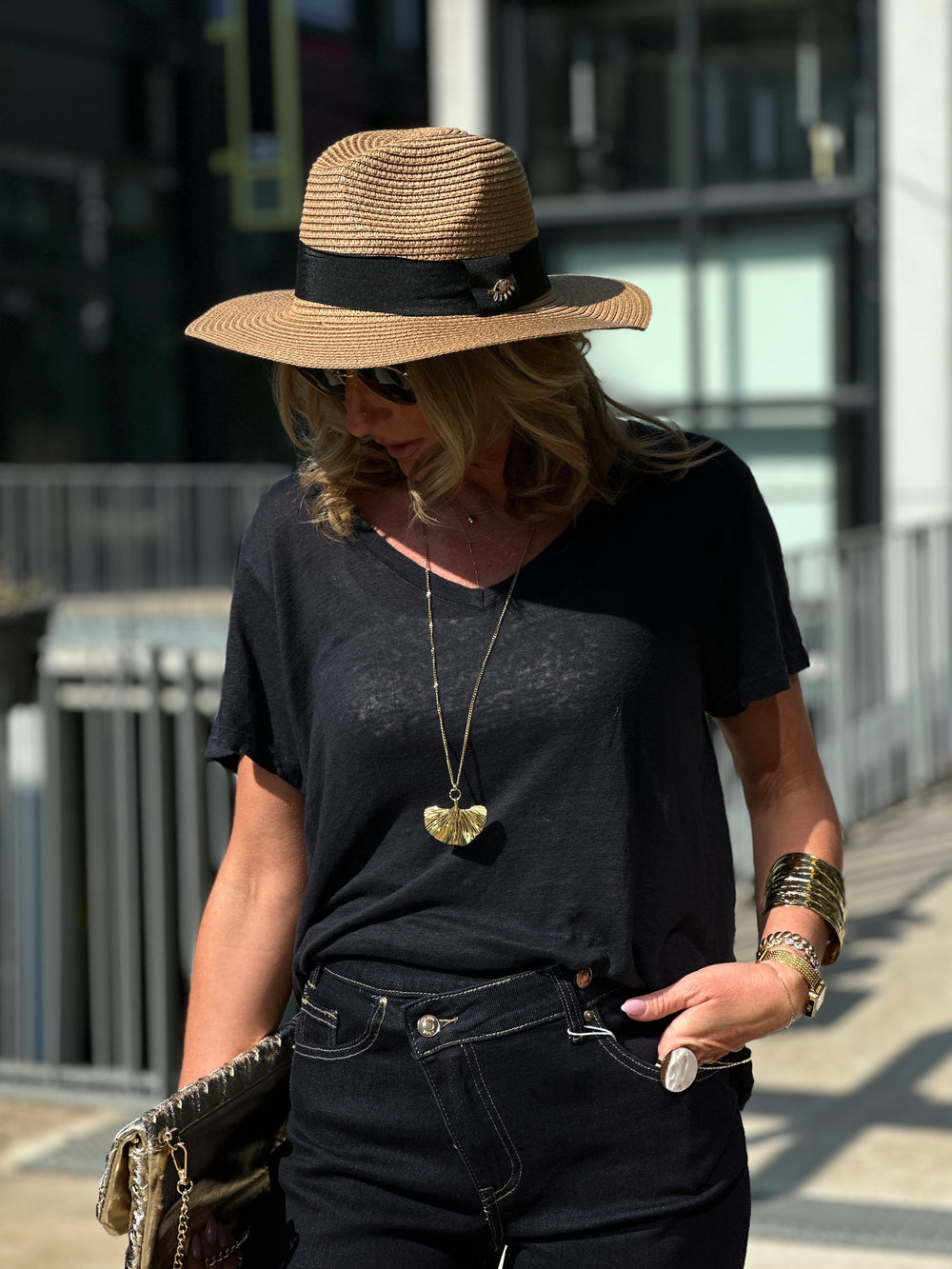 T-shirt lin col V bleu marine