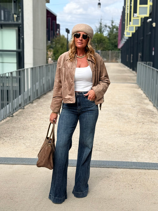 Veste effet daim franges taupe 1021