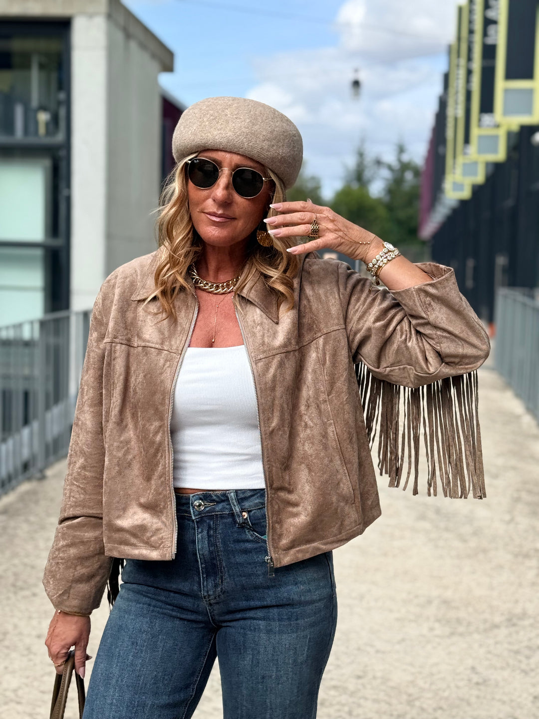 Veste effet daim franges taupe 1021