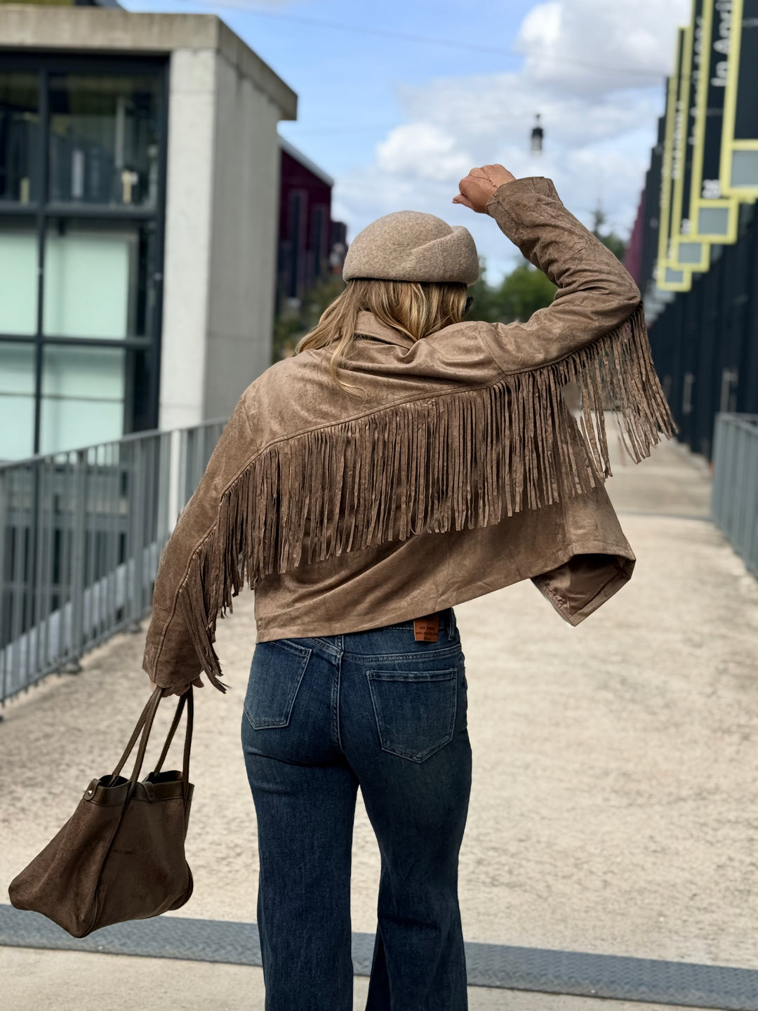 Veste effet daim franges taupe 1021
