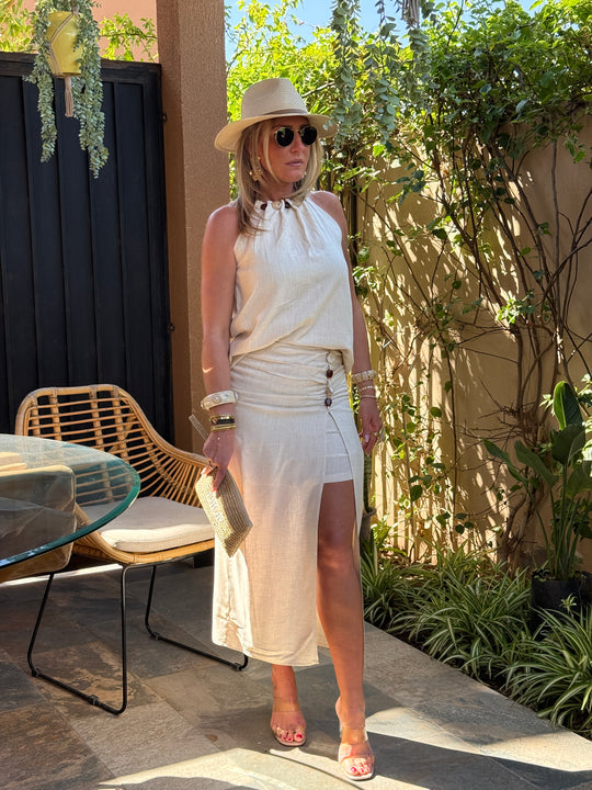 Ensemble lin top + jupe fente à perles beige 9528 (taille petit)