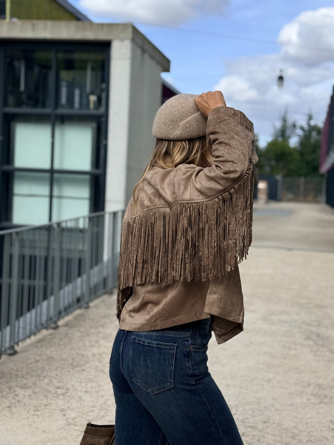 Veste effet daim franges taupe 1021