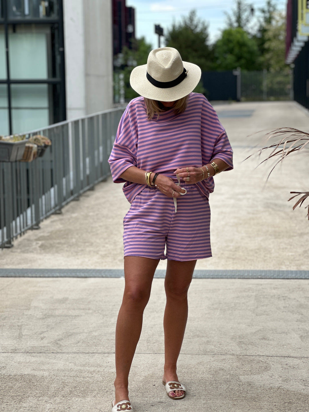 Ensemble t-shirt short rayure rose violet