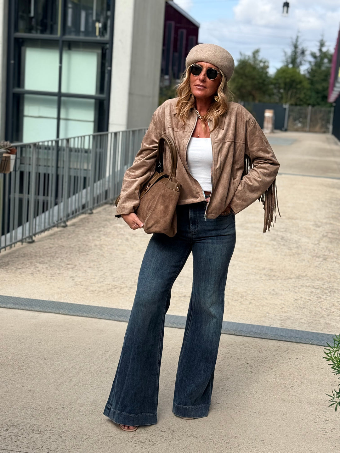 Veste effet daim franges taupe 1021