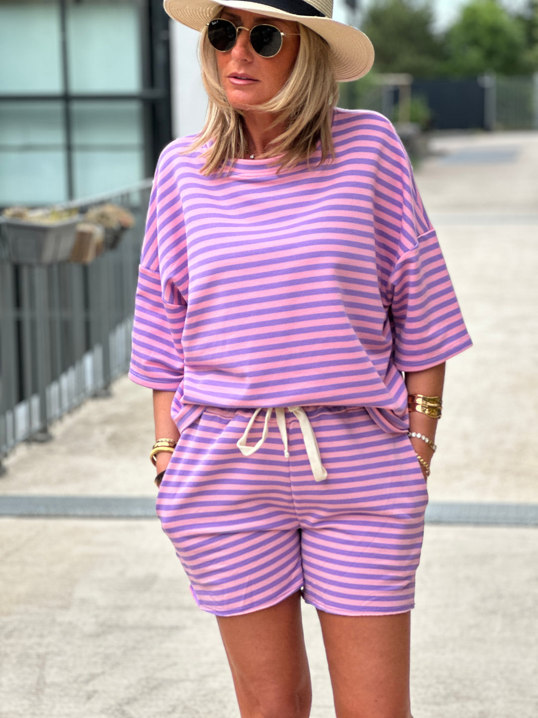 Ensemble t-shirt short rayure rose violet