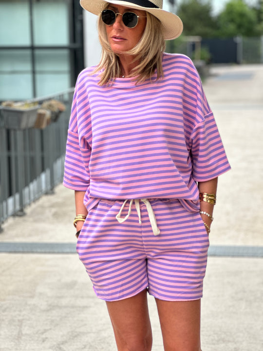 Ensemble t-shirt short rayure rose violet