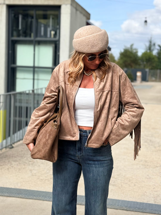 Veste effet daim franges taupe 1021