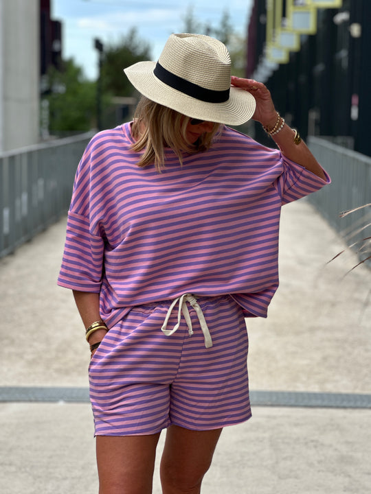 Ensemble t-shirt short rayure rose violet
