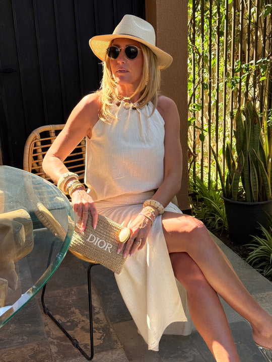 Ensemble lin top + jupe fente à perles beige 9528 (taille petit)