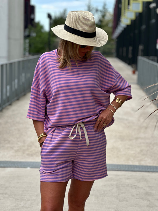 Ensemble t-shirt short rayure rose violet