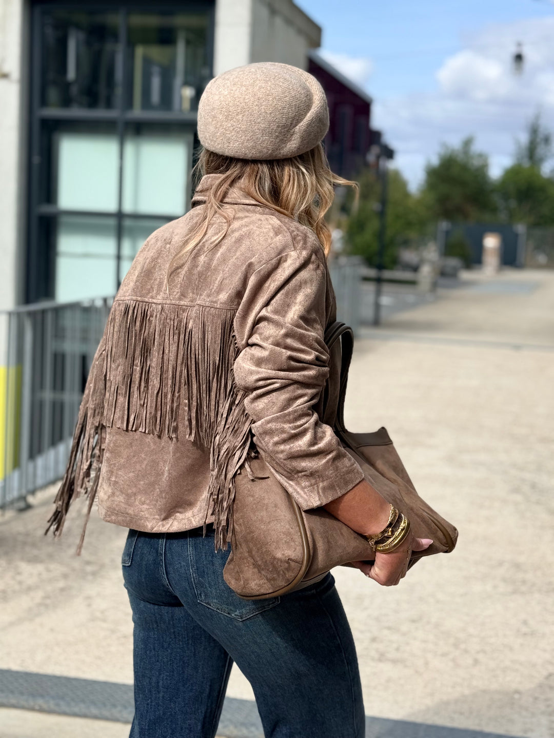 Veste effet daim franges taupe 1021