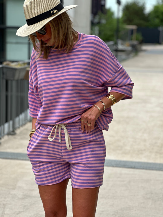 Ensemble t-shirt short rayure rose violet