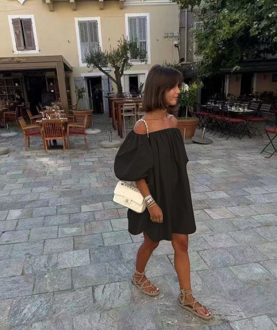 Robe lin bouffante manches noir /8997