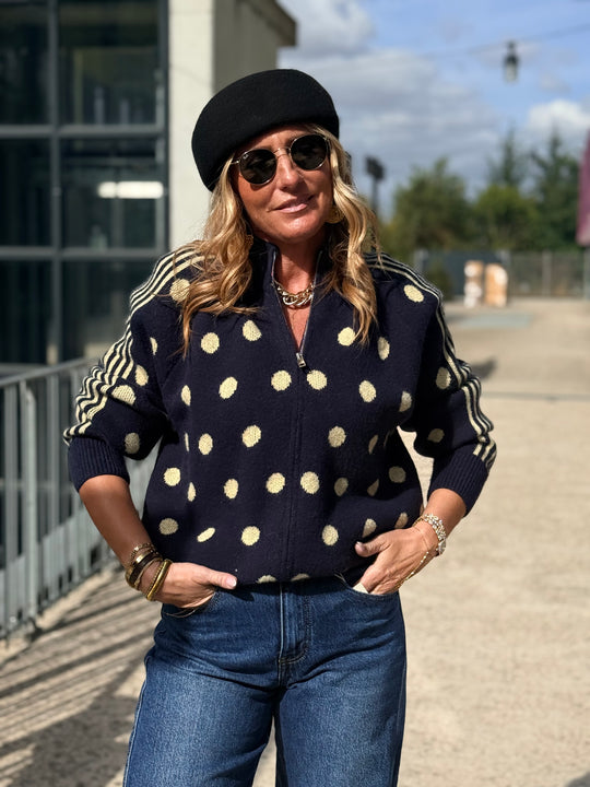 Pull gilet à pois bleu marine 2719