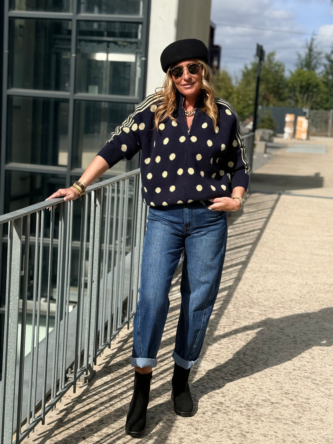 Pull gilet à pois bleu marine 2719