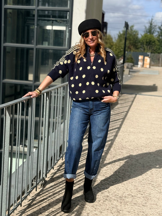 Pull gilet à pois bleu marine 2719