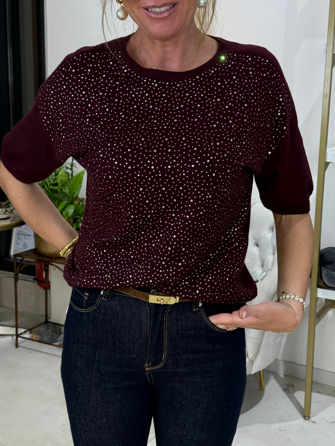 Pull col rond strass manches court 1280