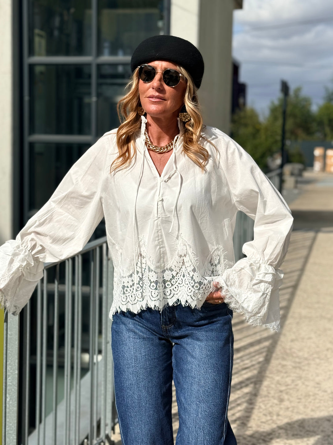 Blouse manches dentelles  Blanc H3052