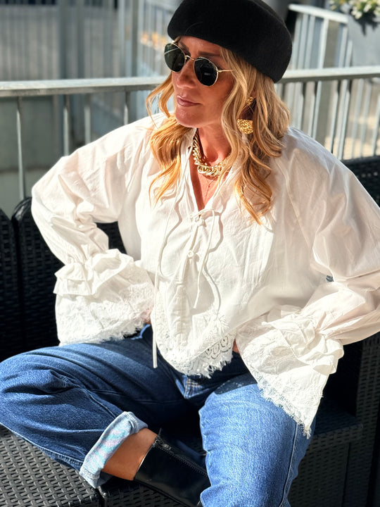 Blouse manches dentelles  Blanc H3052