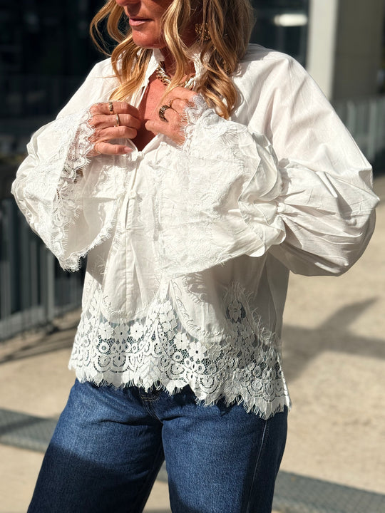 Blouse manches dentelles  Blanc H3052