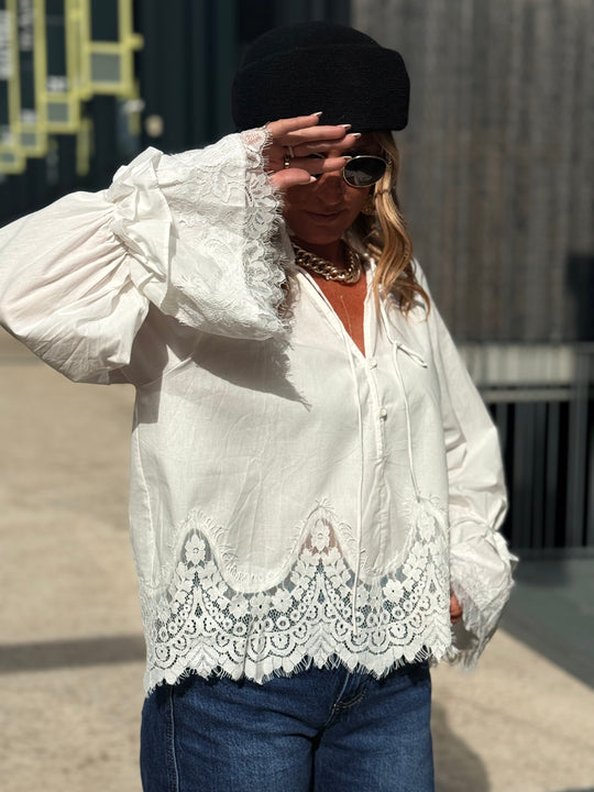 Blouse manches dentelles  Blanc H3052