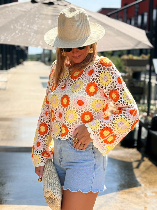Pull crochet fleurs jaune/orange  D59