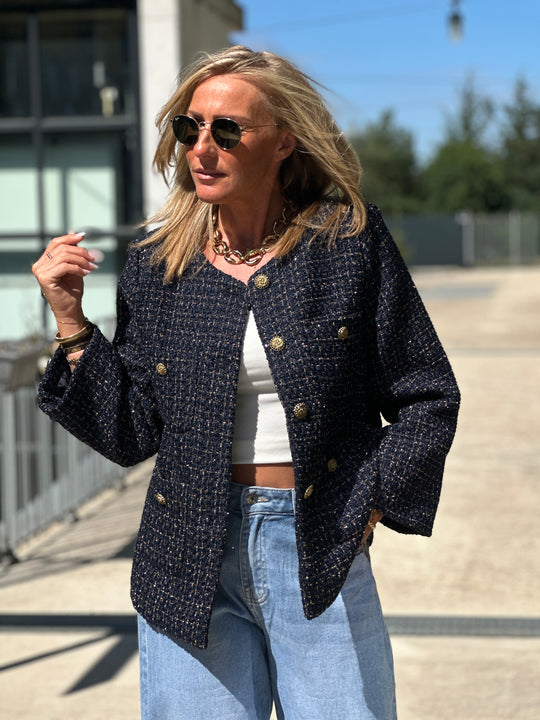 Veste tweed droite bleu marine 2434