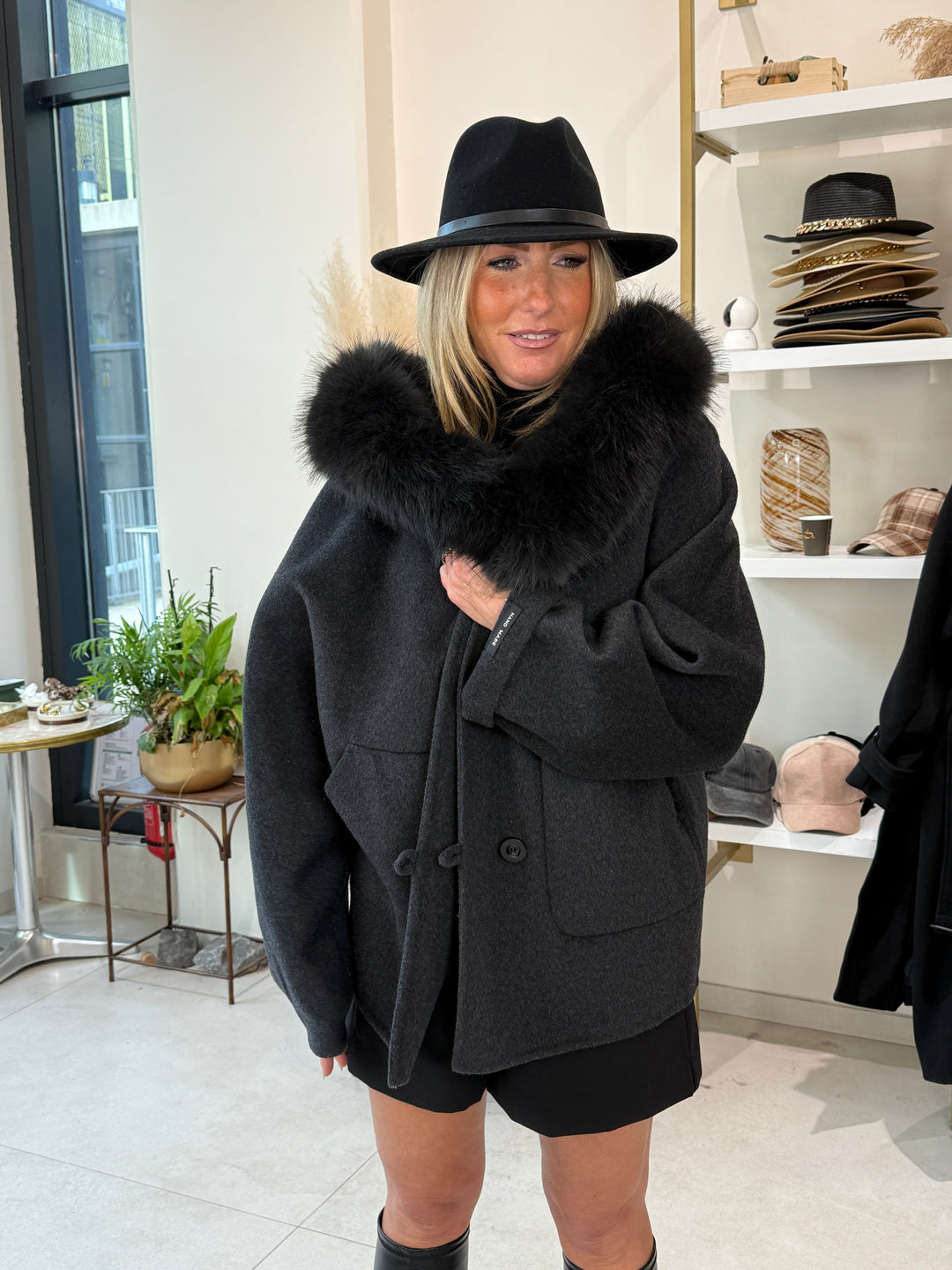 Manteau laine capuche gris 8922