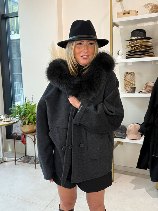 Manteau laine capuche gris 8922