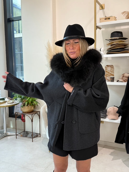 Manteau laine capuche gris 8922