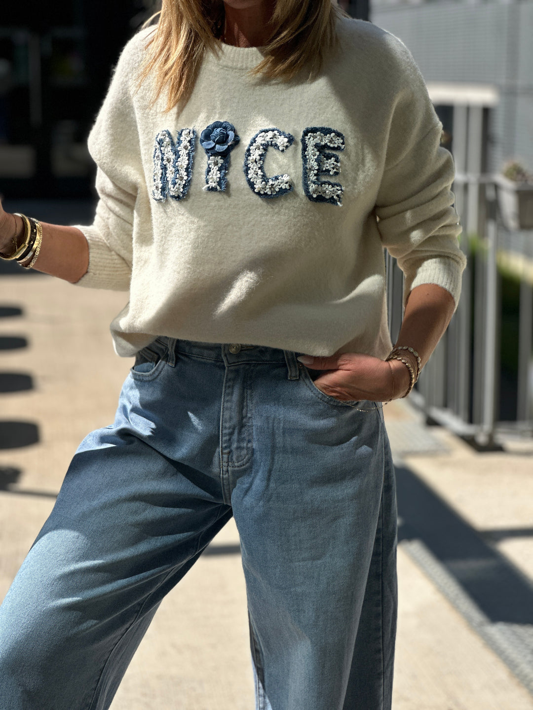 Pull Ecru NICE bleu 4007