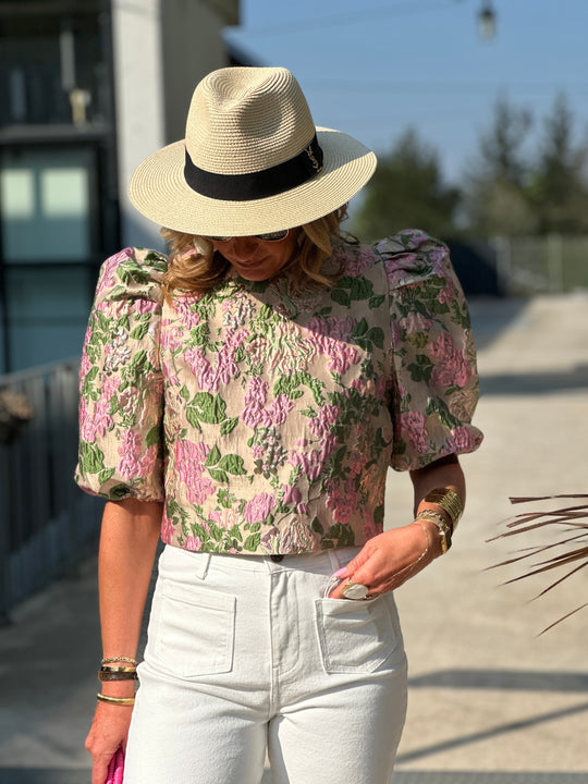 Top bouffant fleuri vert L018