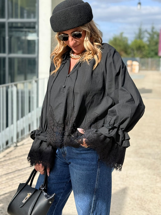 Blouse manches dentelles Noir H3052