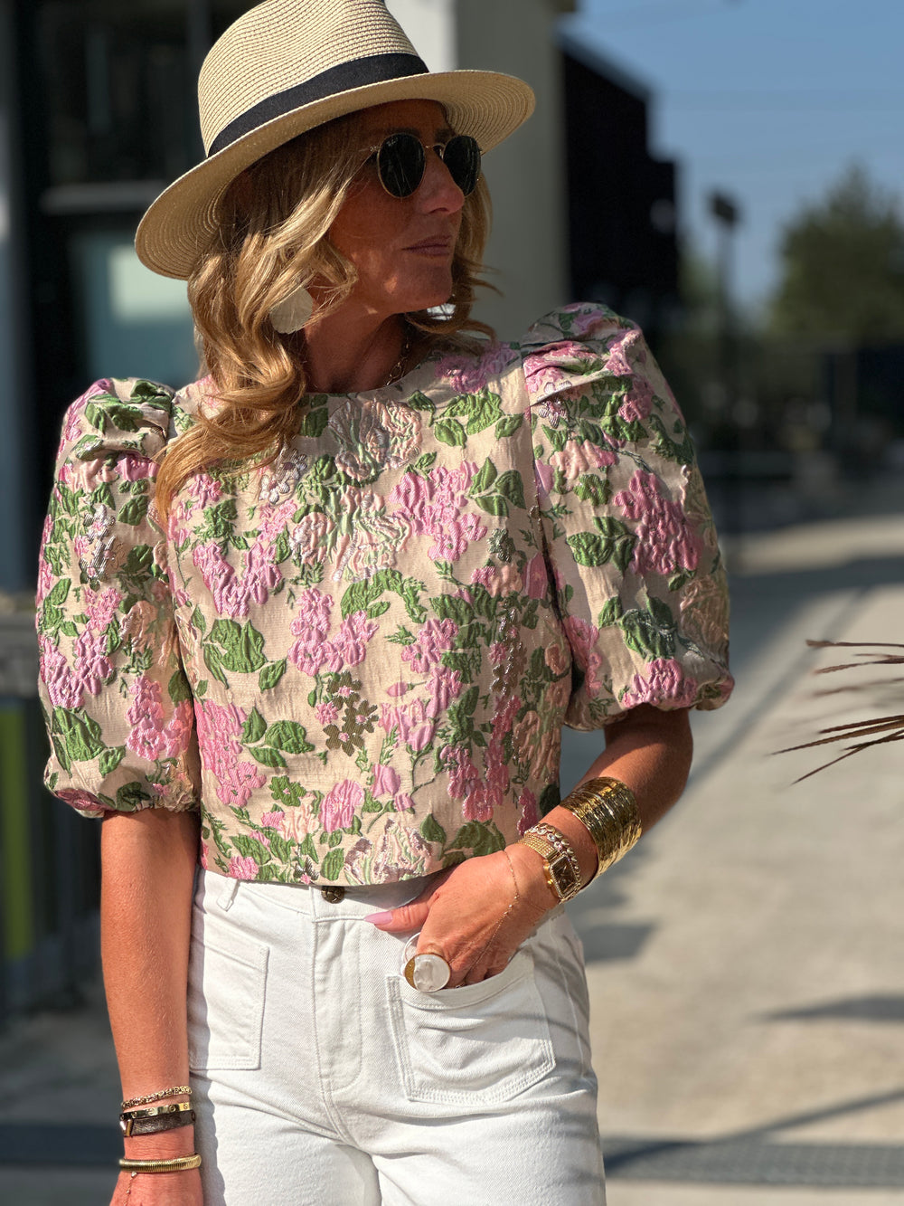 Top bouffant fleuri vert L018
