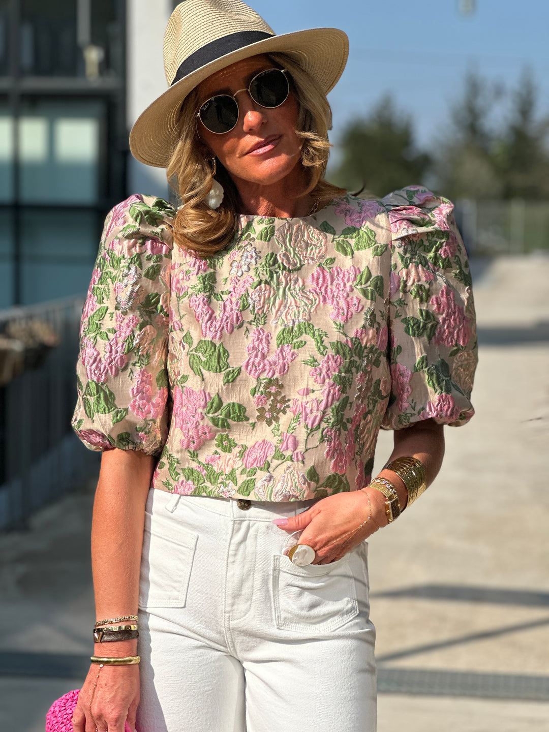 Top bouffant fleuri vert L018