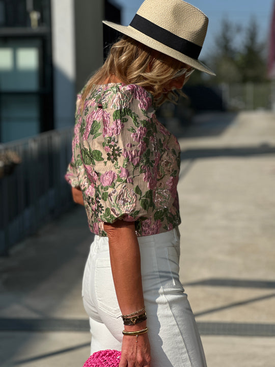 Top bouffant fleuri vert L018