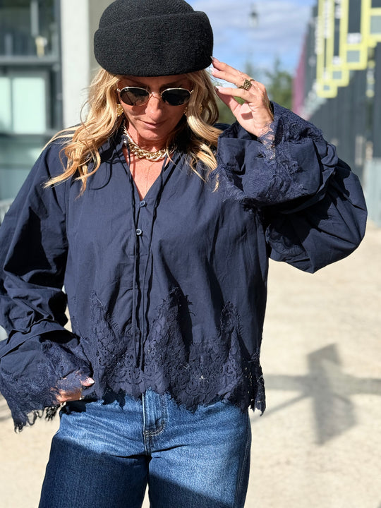 Blouse manches dentelles Bleu H3052